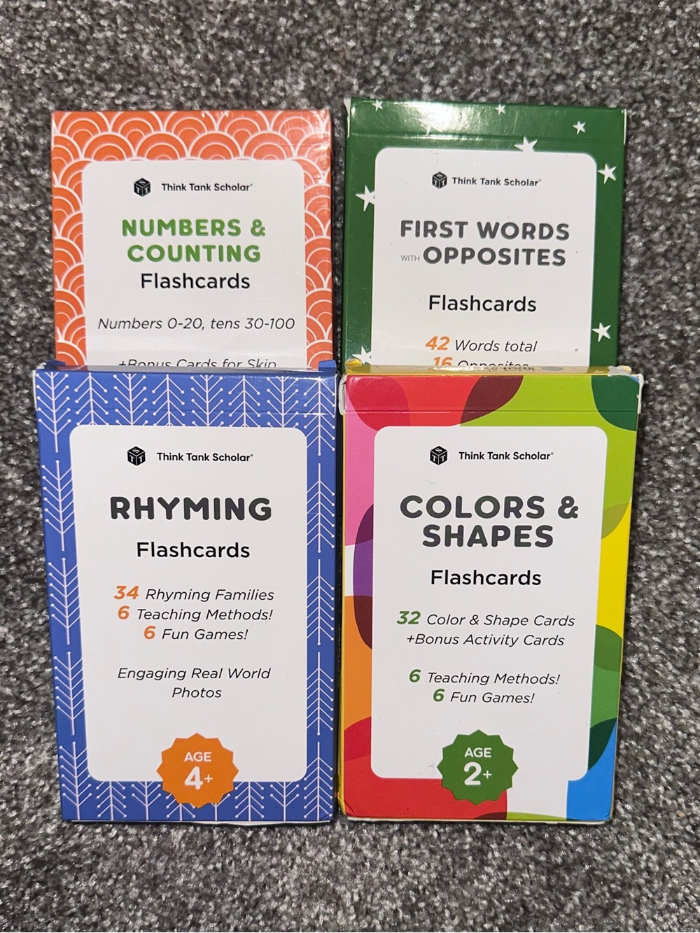Pre-School Flashcard 4️⃣ PACK - Colors Shapes 1st Words Opposites Numbers Rhymes